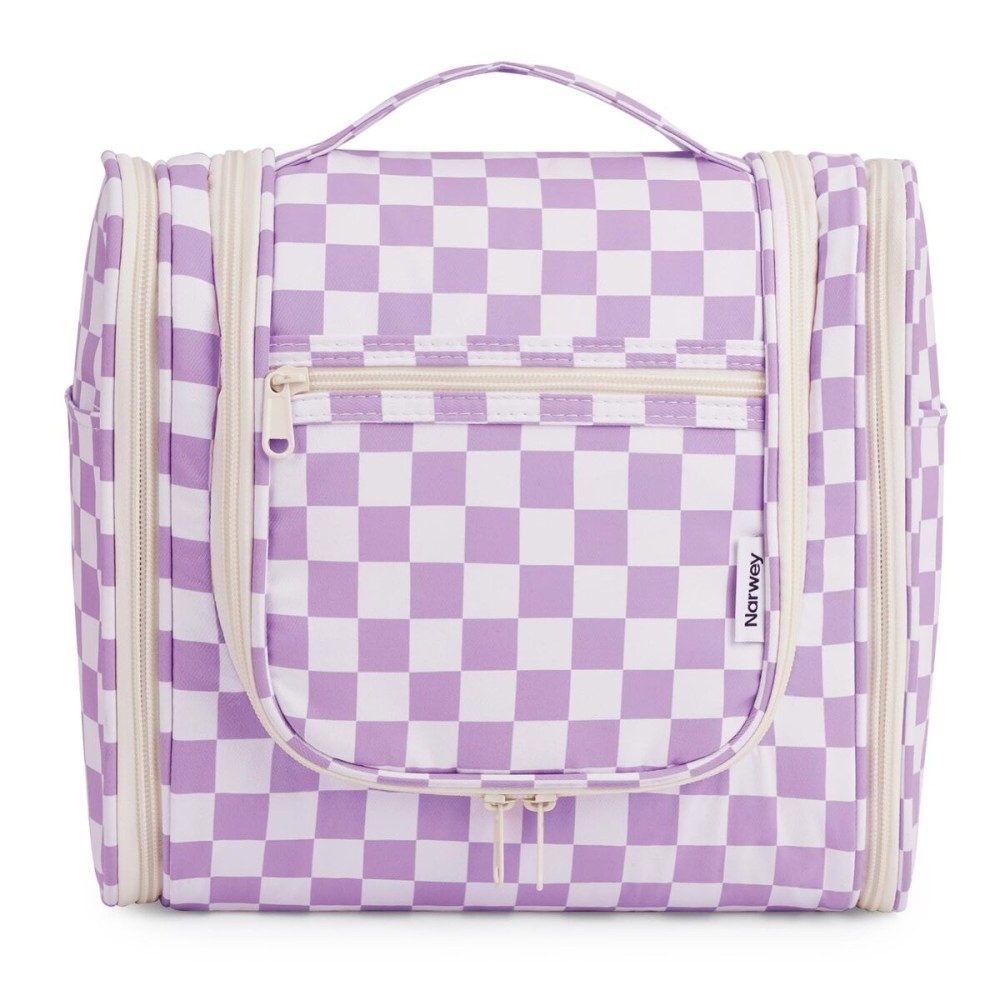 Narwey Checked Hanging Travel Toiletry Bag for Women, Travel Bag for Toiletries, Makeup Bag Organizer Cosmetic Bags Make Up Bags for Women (Purple Checkerboard)