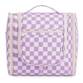 Narwey Checked Hanging Travel Toiletry Bag for Women, Travel Bag for Toiletries, Makeup Bag Organizer Cosmetic Bags Make Up Bags for Women (Purple Checkerboard)