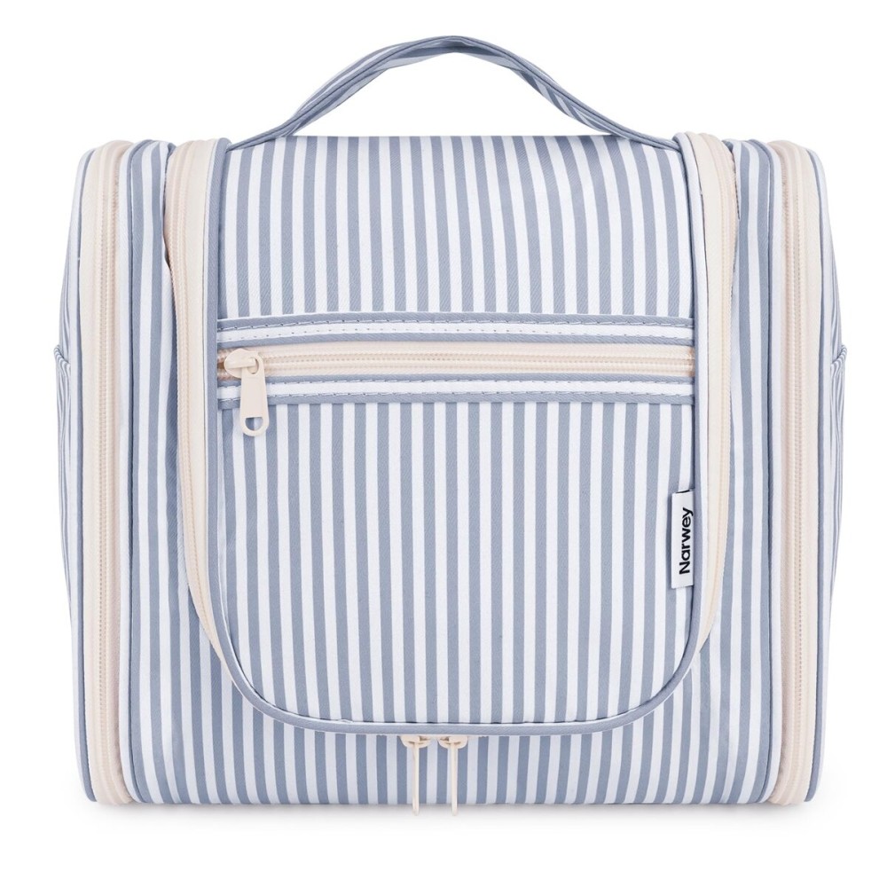 Narwey Striped Hanging Travel Toiletry Bag for Women, Travel Bag for Toiletries, Makeup Bag Organizer Cosmetic Bags Make Up Bags for Women (Greyish Blue Stripe)