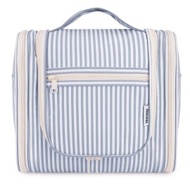 Narwey Striped Hanging Travel Toiletry Bag for Women, Travel Bag for Toiletries, Makeup Bag Organizer Cosmetic Bags Make Up Bags for Women (Greyish Blue Stripe)