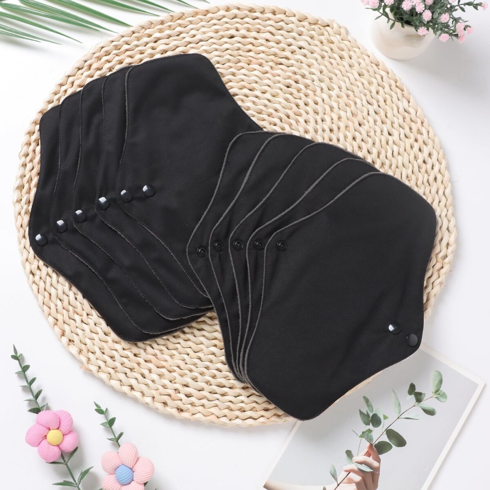 Asenappy 10 pcs Black Color with Black Snaps Reusable Sanitary Pads - Cloth Sanitary Pads | Light Incontinence Pads | Reusable Menstrual Pads (10pcs-M-Black)