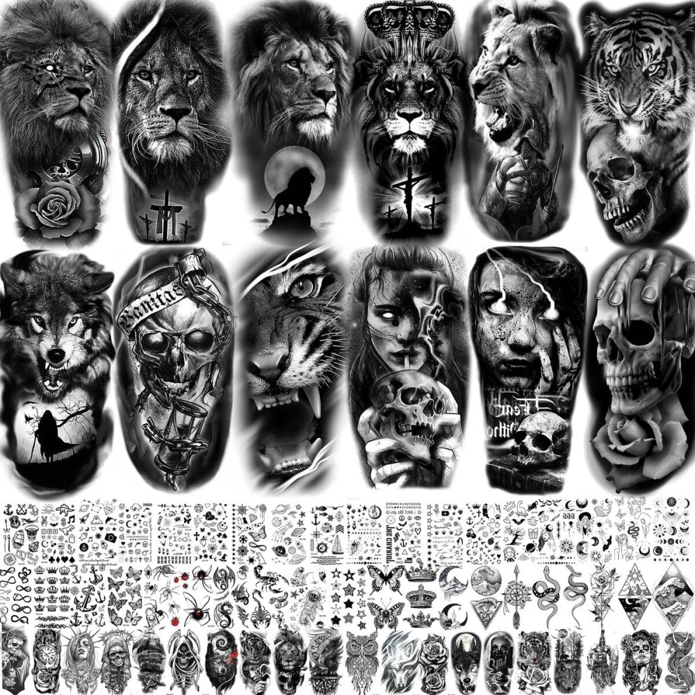 70 Sheets 3D Forearm Black Realistic Wolf Tiger Lion Temporary Tattoos For Men Women Thigh Arm, Scary Skull Gothic Gangster Fake Tattoo Sticker Adults, Large Tribal Half Sleeve Tatoos Halloween