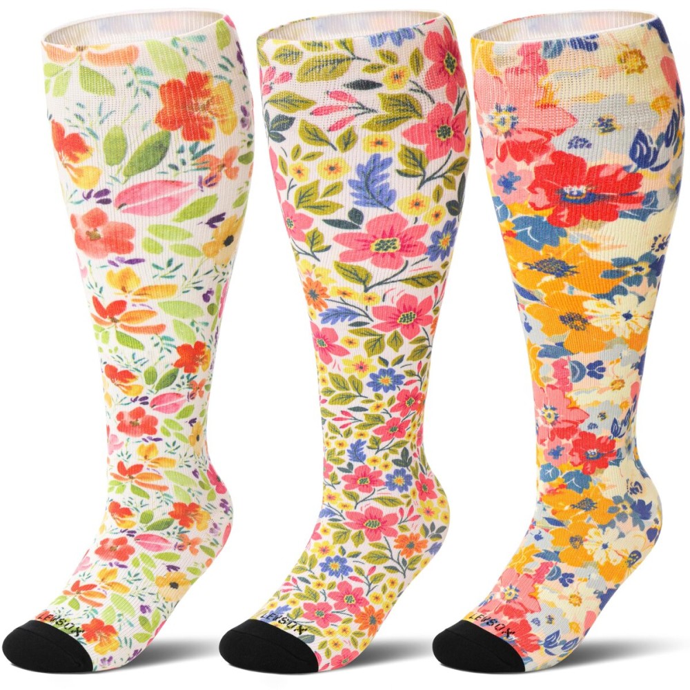 LEVSOX Wide Calf Compression Socks for Women Men Plus Size 15-20 mmHg Extra Large Knee High Support Sock for Nurses Pregnant Travel