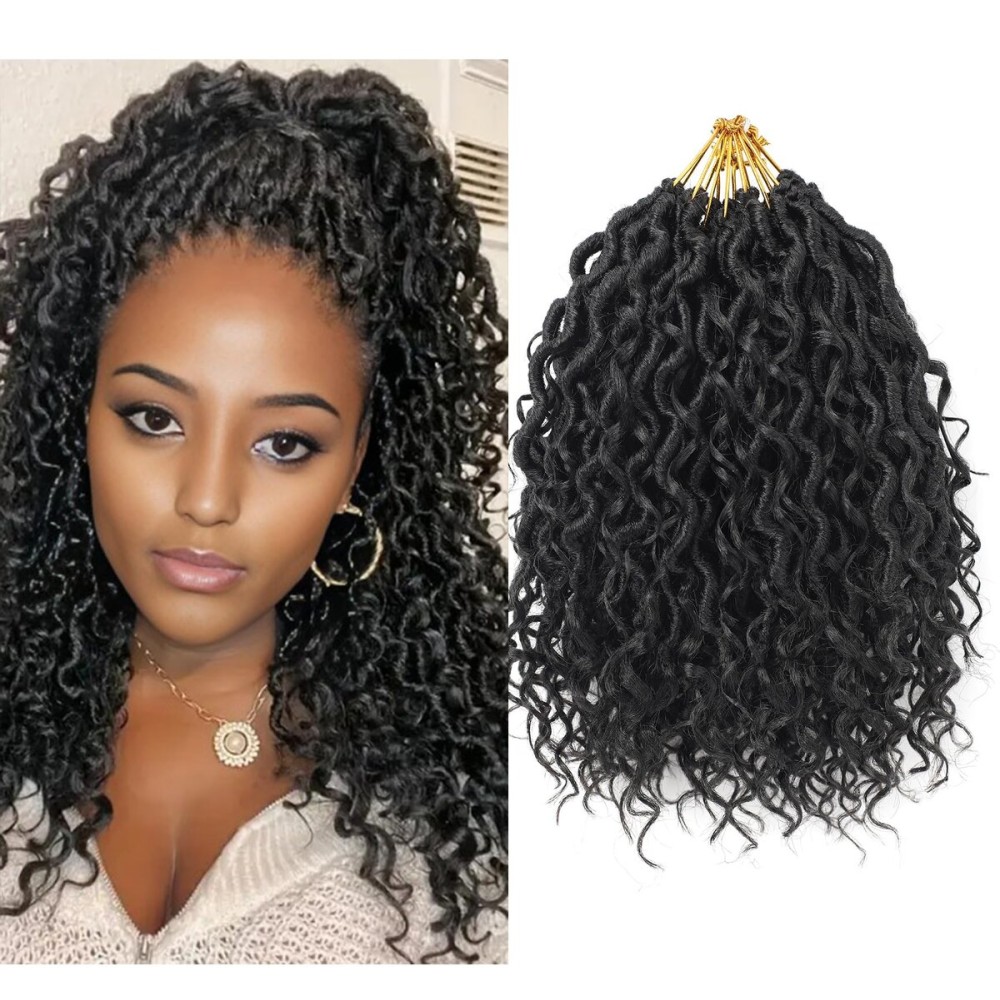 Short Goddess Locs Crochet Hair 10 Inch River Locs Boho Hippie Wavy Crochet With Curly Hair In Middle And Ends Braids Hair Extensions (7Packs,10 inch, 1B)