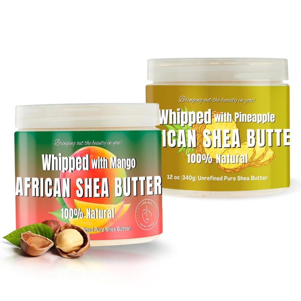 RA COSMETICS Whipped Shea Butter Bundle Pack - Pineapple & Mango, 12oz Jar each | 100% Pure African Shea for Men & Women | Natural Moisturizer with Essential Vitamins for Radiant Skin & Luscious Hair
