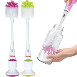 Nuby Bottle and Nipple Brush with Soft Bristles and Stand| 2 Pack: Pink & Lime Green| Bottle & Nipple Accessory Cleaning Brush with Drying Stand