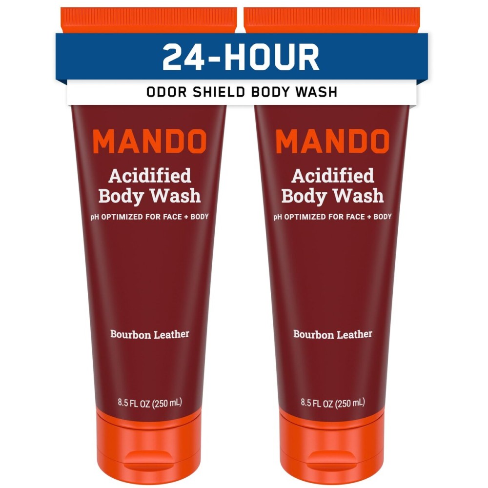 Mando Odor Shield Body Wash - 24 Hour Control - Removes Odor Better than Soap - SLS Free, Paraben Free, Skin Safe - 8.5 Ounce (Pack of 2) (Bourbon Leather)