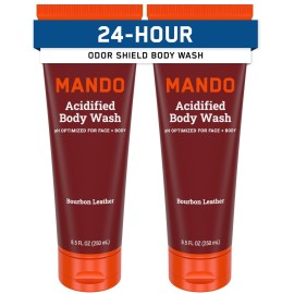Mando Odor Shield Body Wash - 24 Hour Control - Removes Odor Better than Soap - SLS Free, Paraben Free, Skin Safe - 8.5 Ounce (Pack of 2) (Bourbon Leather)