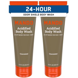 Mando Odor Shield Body Wash - 24 Hour Control - Removes Odor Better than Soap - SLS Free, Paraben Free, Skin Safe - 8.5 Ounce (Pack of 2) (Unscented)