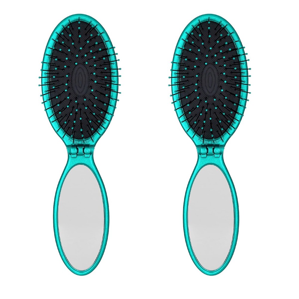 Wet Brush Pop Go Detangler, Blue Teal - Foldable, On-The-Go Design, Travel Brush, Ultrasoft IntelliFlex Bristles, Detangling Hairbrush, Built-In Mirror Handle, Wet & Dry, All Hair Types (Pack of 2)