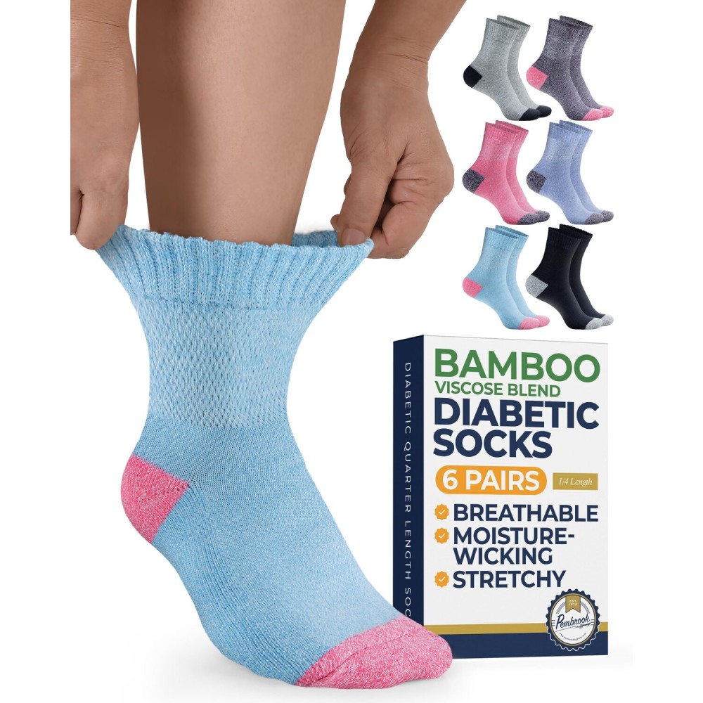 Pembrook Bamboo Viscose Diabetic Socks for Women & Men - 6 Pairs Ankle Neuropathy Socks for Swollen Feet | Heel-Toe Accents