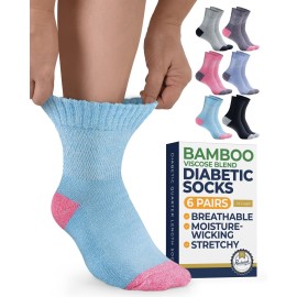 Pembrook Bamboo Viscose Diabetic Socks for Women & Men - 6 Pairs Ankle Neuropathy Socks for Swollen Feet | Heel-Toe Accents