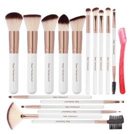 Real Perfection Makeup Brush Set 16 Pcs with 1 Eyebrow Razor Premium Synthetic Foundation Powder Concealers Eyeshadow Blush Makeup Brushes Make up Brushes Kit (White)