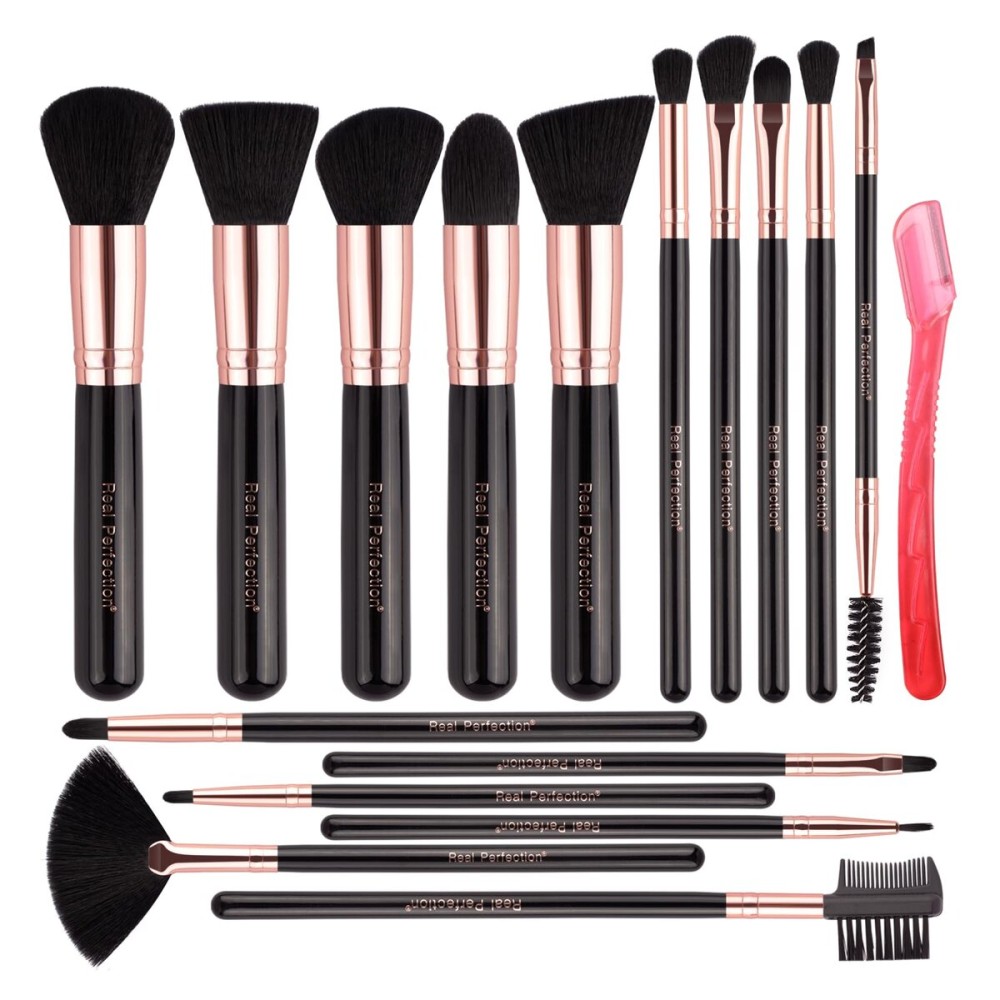 Real Perfection Makeup Brush Set 16 Pcs with 1 Eyebrow Razor Premium Synthetic Foundation Powder Concealers Eyeshadow Blush Makeup Brushes Make up Brushes Kit (Black)