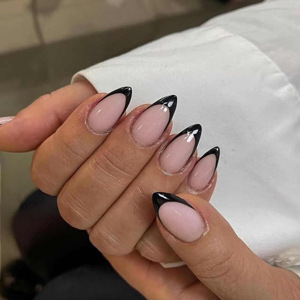 Black French Tip Press on Nails Short Almond Nails Press ons, Glue on Nails for Women Acrylic french Gel Nail, Natural Thick Extra Short French Fake Nail 30Pcs 15 Sizes