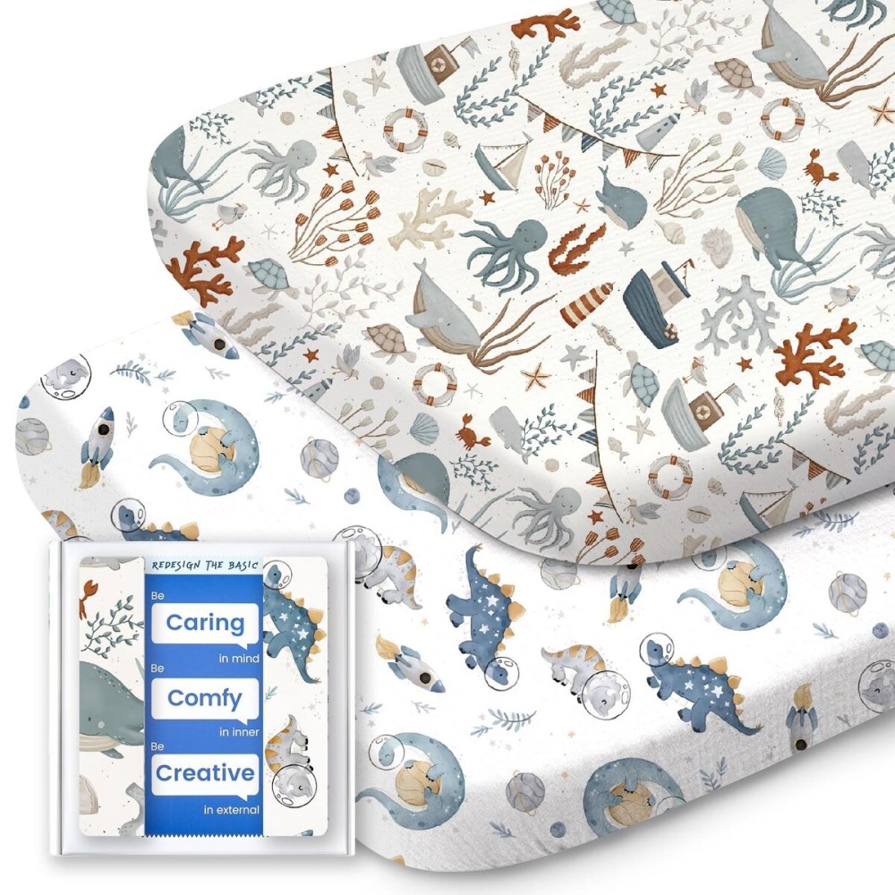 Bassinet Sheets for Baby Boy Girl, TotBasic Buttery Soft Universal Bassinet Fitted Sheet, Compatible with Halo, Mika Micky, Baby Delight, Dream On Me, Maxi COSI and More Bassinet Mattress(Dino&Whale)