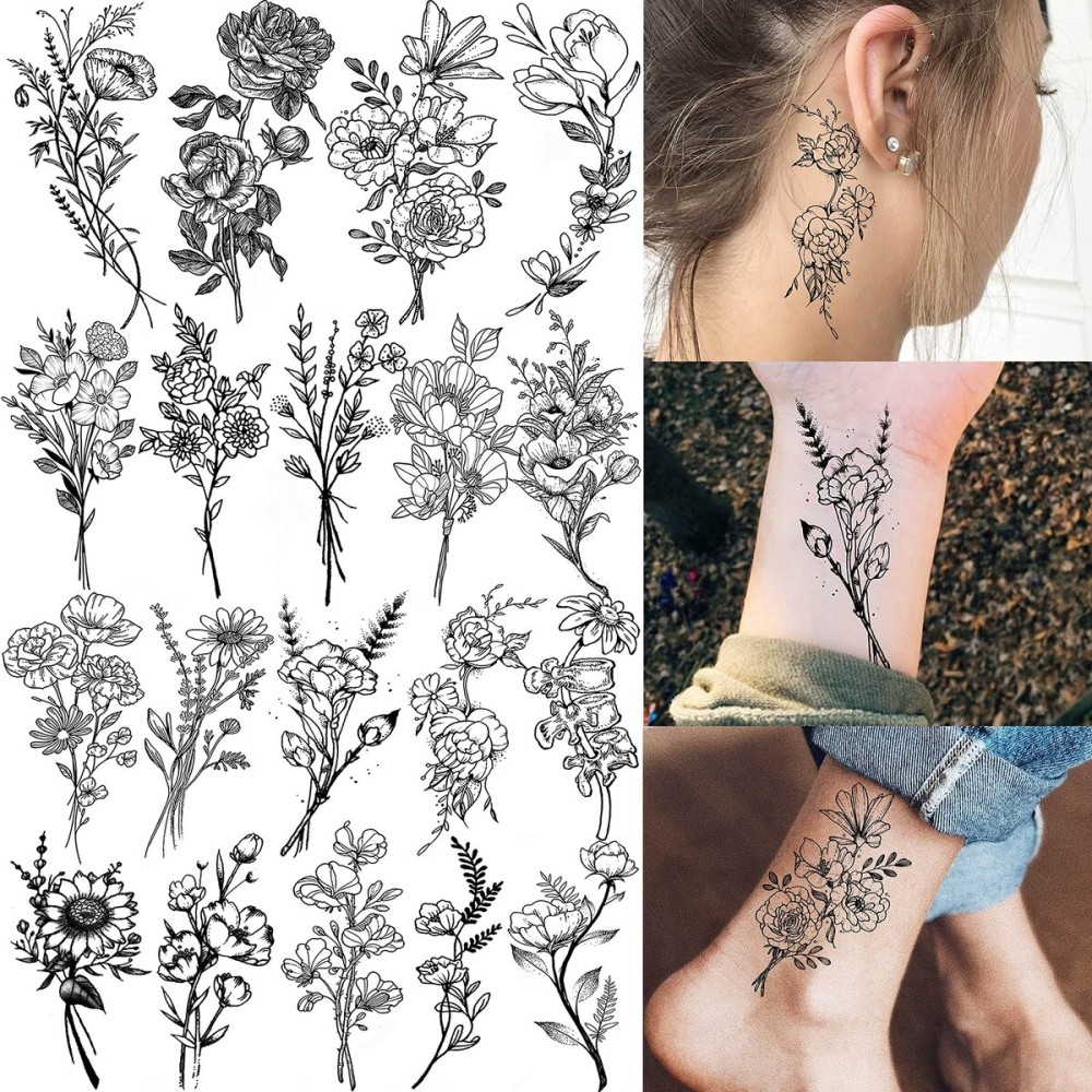 19 Sheets Sexy Realistic Black Flower Bouquet Temporary Tattoos For Women Girls Adults Arm Hand Neck Tatoos Set, Waterproof Small Fake Lavender Sunflower Floral Tattoo Stickers Tiny Branch Tattoo Kit