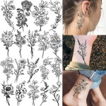 19 Sheets Sexy Realistic Black Flower Bouquet Temporary Tattoos For Women Girls Adults Arm Hand Neck Tatoos Set, Waterproof Small Fake Lavender Sunflower Floral Tattoo Stickers Tiny Branch Tattoo Kit