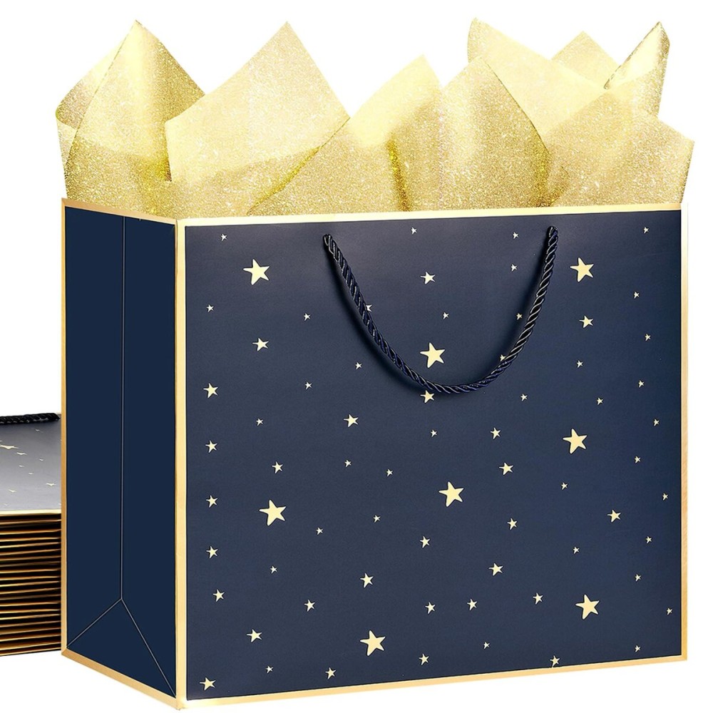 SHIPKEY 12 Pack Navy Star Gift Bags with Gold Frame, 12.5x4.5x11 Inches Large Paper Bag with Ribbon Handles, Star Shopping Bags (32x11.5x28 cm)