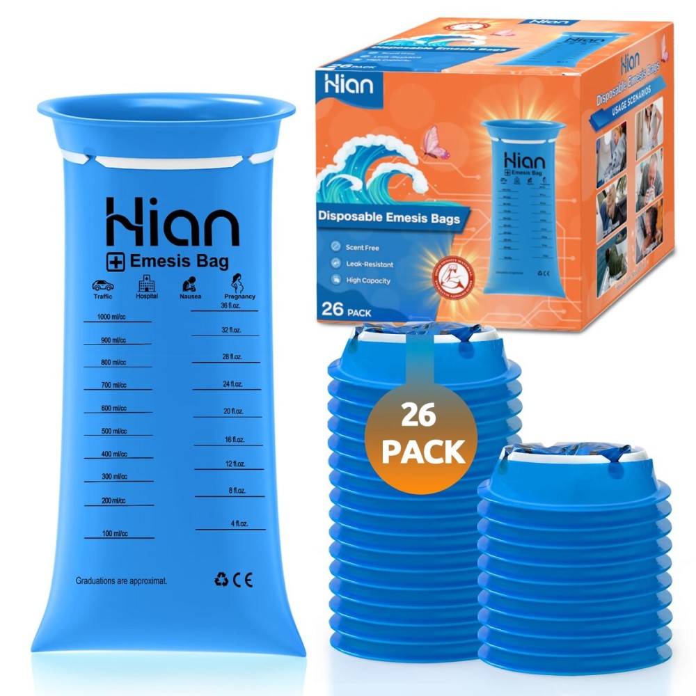 Hion Vomit Bags Disposable - 26 Pack 1000ml Emesis Bags - Leak Resistant, Medical Grade, Portable - Perfect for Motion, Car & Aircraft Sickness, Pregnant Women