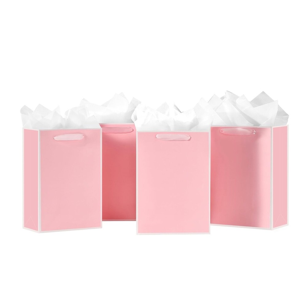 SHIPKEY 10 Pcs Luxury Pink Bags with Tissue Paper, Gift Bag for Men, Groomsmen Proposal Bag with White Frame, 8x4x11 Inches Kraft Paper Bags with Handles Bulk (20x10x28cm)