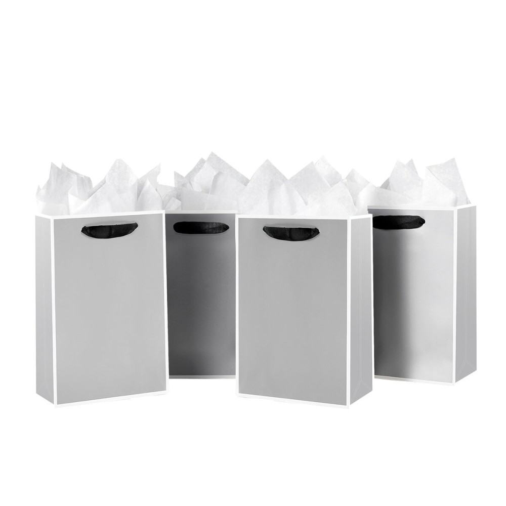 SHIPKEY 10 Pcs Luxury Silver Bags with Tissue Paper, Gift Bags for Men, Groomsmen Proposal Bag with White Frame, 8x4x11 Inches Kraft Paper Bag with Handles Bulk (20x10x28cm)