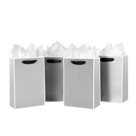 SHIPKEY 10 Pcs Luxury Silver Bags with Tissue Paper, Gift Bags for Men, Groomsmen Proposal Bag with White Frame, 8x4x11 Inches Kraft Paper Bag with Handles Bulk (20x10x28cm)