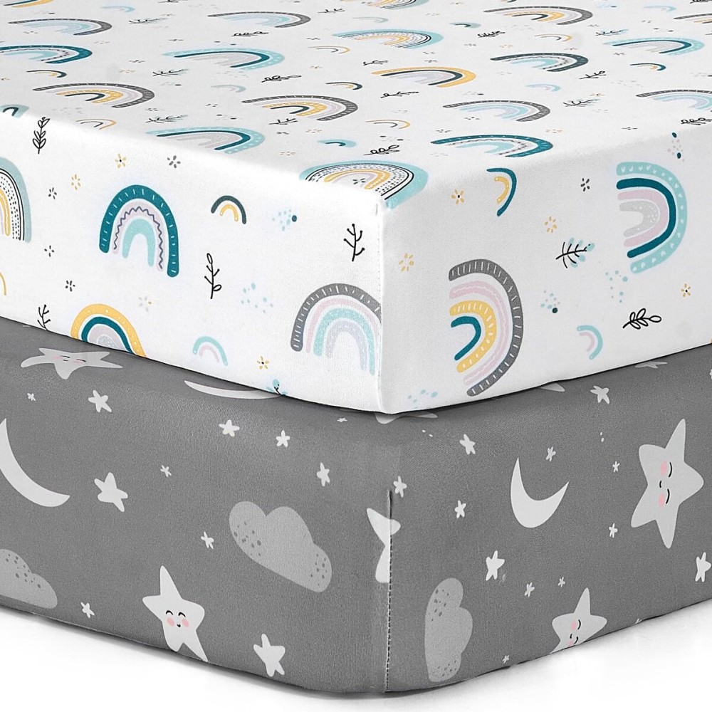 BBROLEX Baby Fitted Crib Sheets: Kid Crib Sheets - Set of 2 for Toddler Standard Size Crib Mattress for Boys and Girls - Jersey Knit Crib Bed Sheets Rainbow Stars