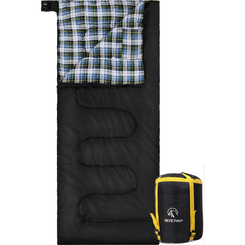 REDCAMP Cotton Flannel Sleeping Bag for Camping Backpacking, Adults Cold Weather Warm and Comfortable Envelope Sleeping Bag with Compression Sack, Black with 2lbs Filling(75x33)