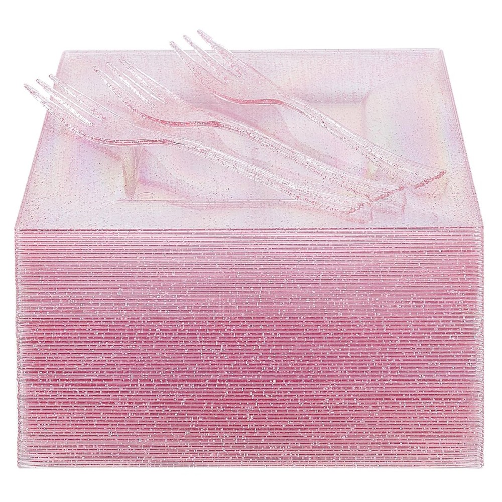 DaYammi 100Pcs Pink Dessert Plates Including 50Pcs Appetizer Plates,50Pcs Plastic Forks,Glitter Square Plate with Cake Fork,pink Disposable plates for Wedding,Plastic Salad Plate for Birthday Party