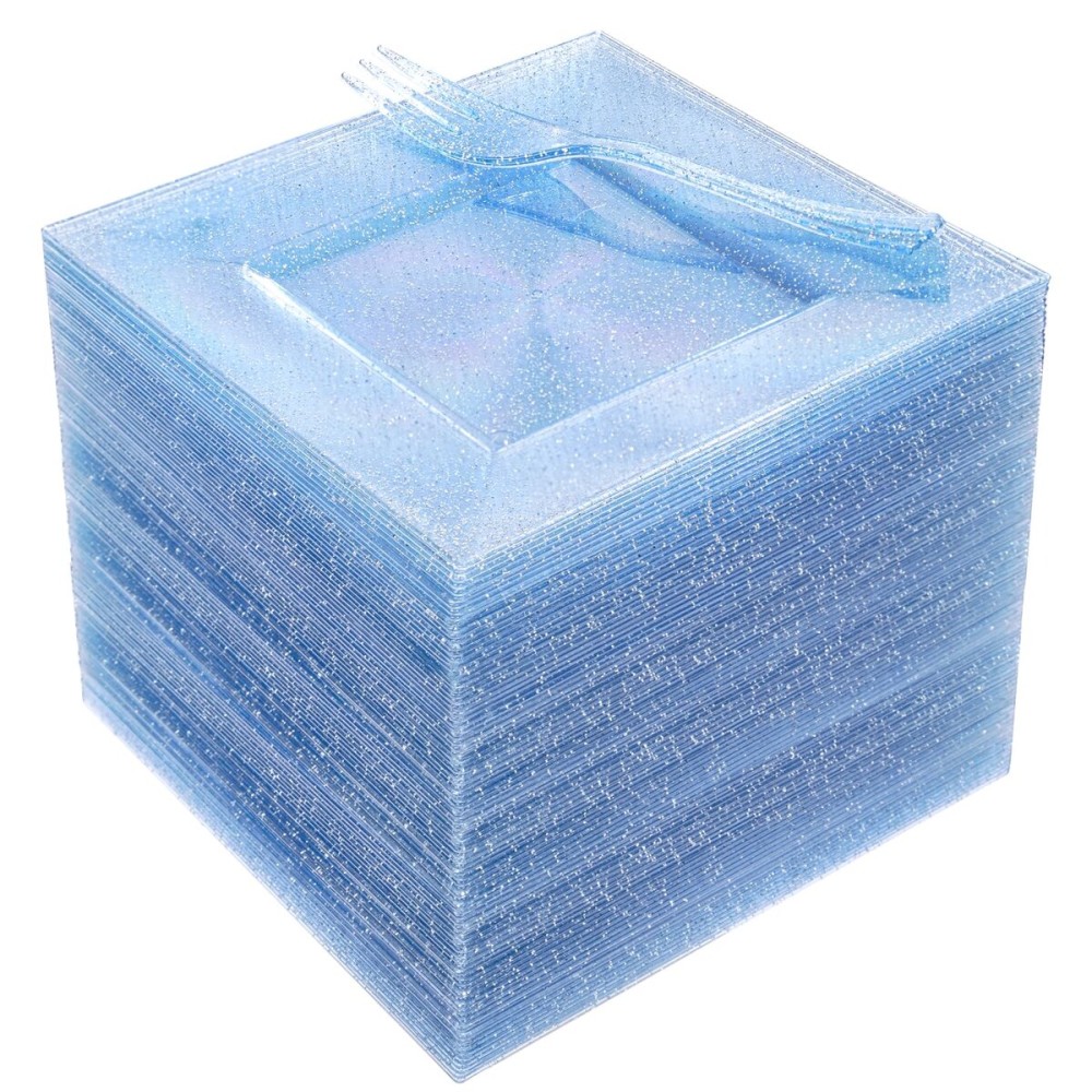 DaYammi 200 Pcs Blue Glitter Dessert Plates Including 100Pcs Appetizer Plates,100Pcs Plastic Forks,Blue Plastic Square Plate for Party,blue Disposable plates and Cake forks for Birthday Party Wedding