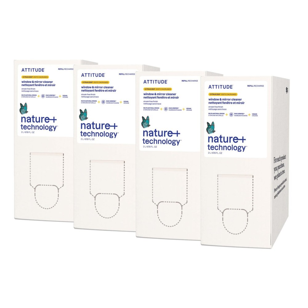 ATTITUDE Window & Mirror Cleaner Refill, EWG Verified, Plant- & Mineral-Based, Vegan & Streak-Free Glass Spray, Citrus Zest Scent, 67.6 Fl Oz (Pack of 4)