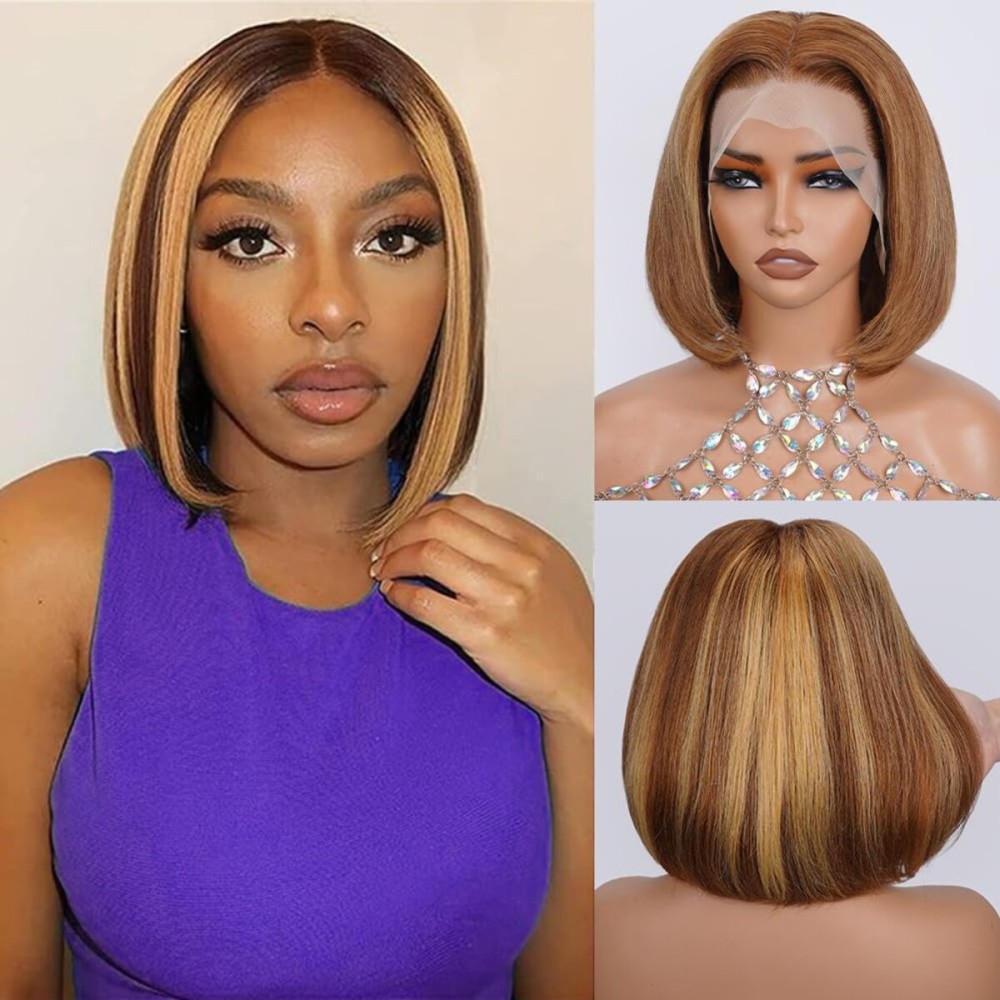 UTIDE Bob Wig Human Hair Highlight Ombre 13x4 HD Transparent Lace Front Wigs 4/27 Honey Blonde Glueless Wigs Human Hair Pre Plucked with Baby Hair 180 Density 12A Short Bob for Women 08 Inch