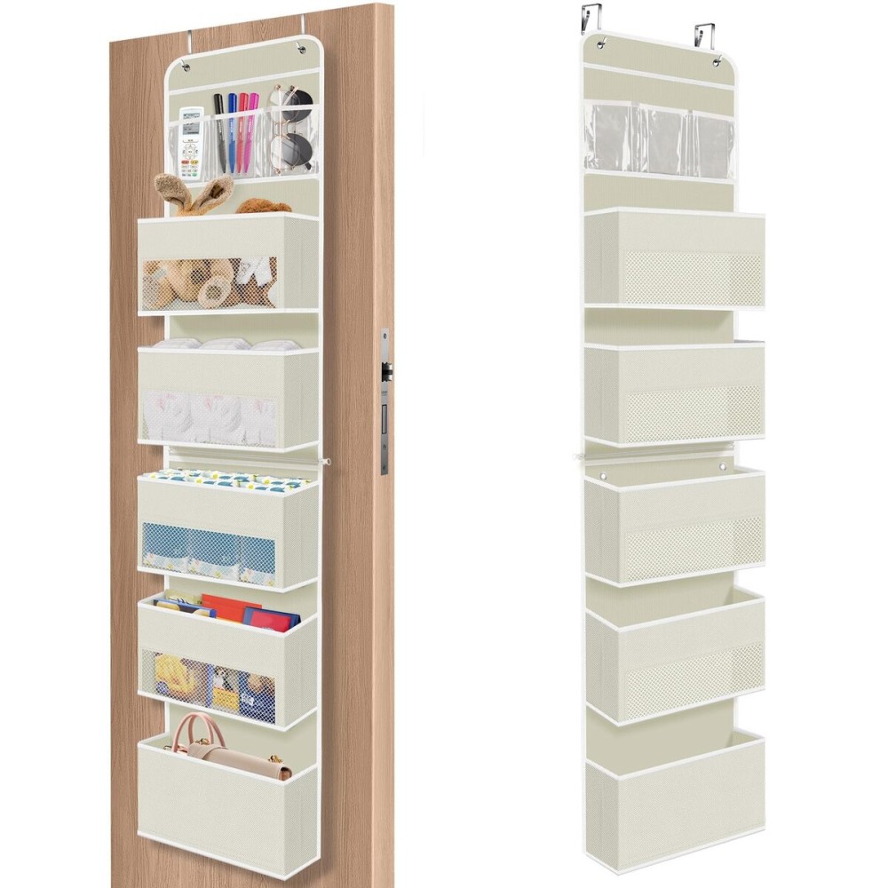 SpaceHacks 6-Tier Over The Door Organizer, Hanging Storage Organizer with Clear Window, 40lb Ultra Sturdy Large Capacity Room Organizer for Pantry Bathroom Nursery Closet Baby Essential (Beige)