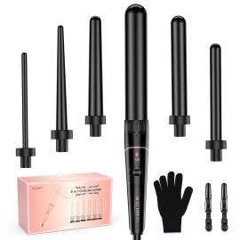 Long Barrel Curling Iron Wand Set, BESTOPE PRO 6 in 1 Curling Wand Set with Ceramic Barrel for Long/Medium Hair, 0.35-1.25 Interchangeable Hair Wand Curler, Dual Volts, Include Glove & Clips - Black