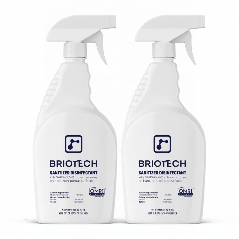 BRIOTECH Sanitizer Disinfectant Hypochlorous Spray, Kills 99.99% of Viruses & Bacteria, Eliminates Odor, Gentle for Nurseries & Play Rooms, Rinse Free Surface Sanitizer, 32 fl oz (Pack of 2)