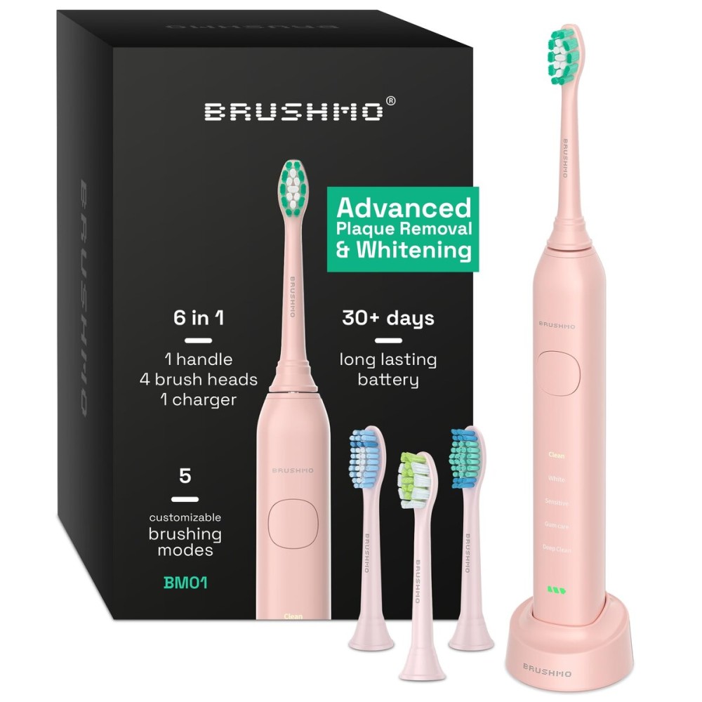 Brushmo Super Sonic Electric Toothbrush with 4 Replacement Heads - Rechargeable Electronic Tooth Brush for Adults with 5 Customizable Modes - IPX7 Waterproof & Long-Lasting Battery - Nova Pink