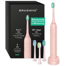 Brushmo Super Sonic Electric Toothbrush with 4 Replacement Heads - Rechargeable Electronic Tooth Brush for Adults with 5 Customizable Modes - IPX7 Waterproof & Long-Lasting Battery - Nova Pink