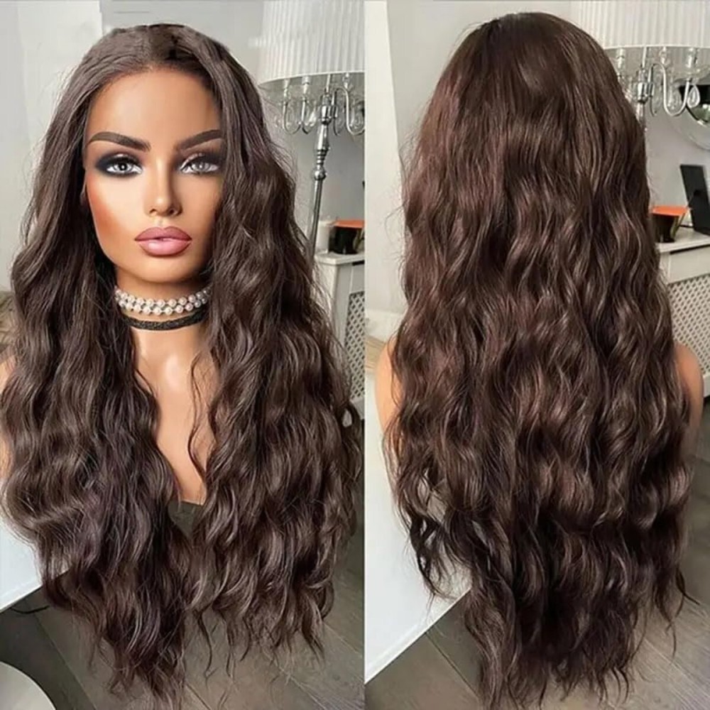 ELESTY Long Wavy Brown Synthetic Lace Front Wigs for Women 13 * 4 Big Lace Free Part Pre Plucked Natural Hairline Heat Resistant Fiber Hair Glueless Lace Wigs Daily Use 24Inch