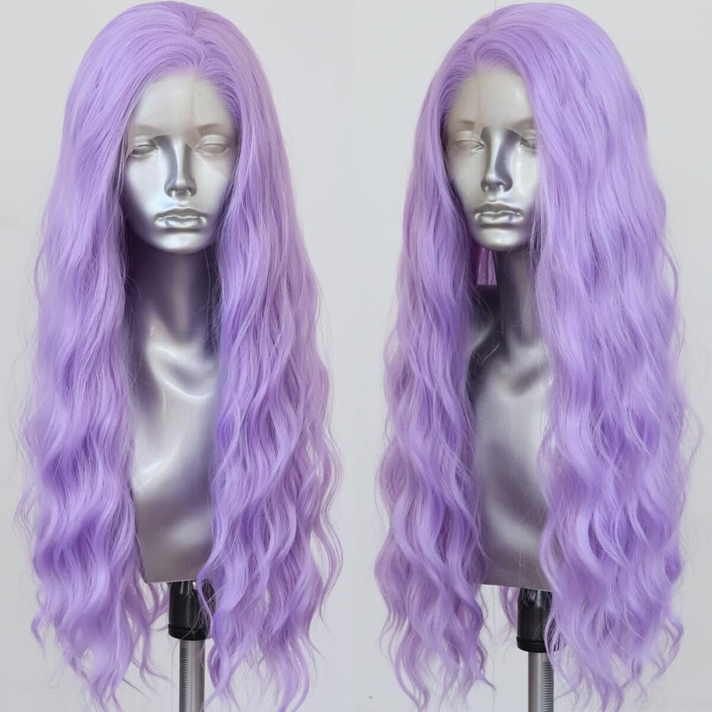 ELESTY Loose Wavy Long Light Purple Lace Front Wig For Women Natural Hairline 13 * 4 Synthetic Lace Front Wig Free Part Long Glueless Lace Wig Cosplay Rumi Wigs