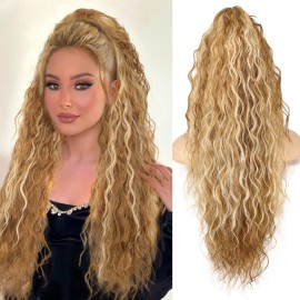 ORSUNCER Ponytail Extension Claw 30 Curly Pony Tail Clip in Claw Hair Extensions Fluffy Natural Looking Synthetic Hairpiece for Women Light Brown Mix Light Blonde