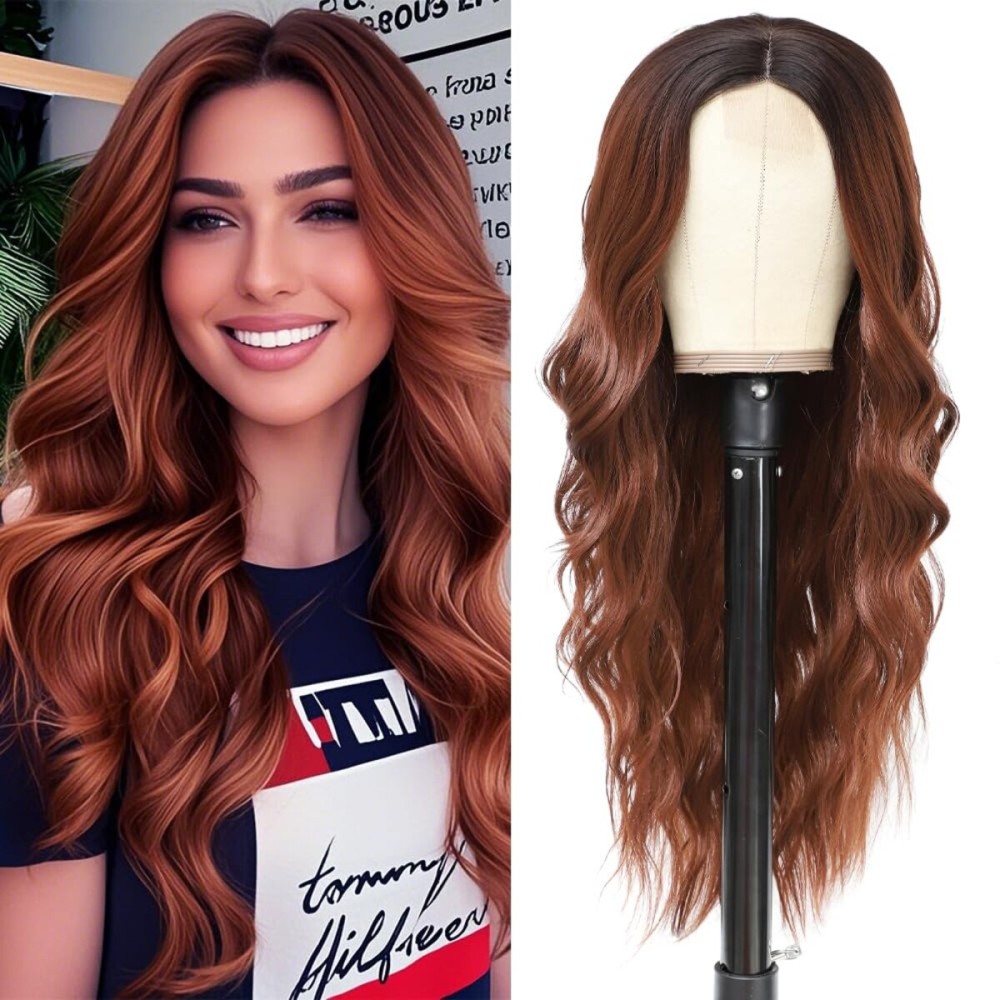 HMHIFI Long Auburn Wavy Wigs for Women Upgraded Protein Fiber Natural Looking Middle Part Synthetic Curly Hair Heat Resistant Fiber for Daily Party Use