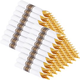 Supernal 100 Pack Gold Plastic Silverware,Pre Rolled Silverware Set Disposable,Gold Disposable Utensils Includes 100 Plastic Forks Spoons and Knives Set,and 100 Napkins for Wedding,Birthday, Party
