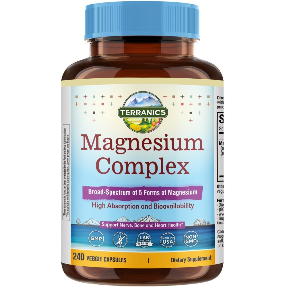 Terranics 5 in 1 Magnesium Complex Supplement 1000mg - 5 Forms High Absorption Magnesium Glycinate Citrate Malate Aspartate Gluconate for Sleep Heart Health - Non-GMO 240 Vegan Capsules