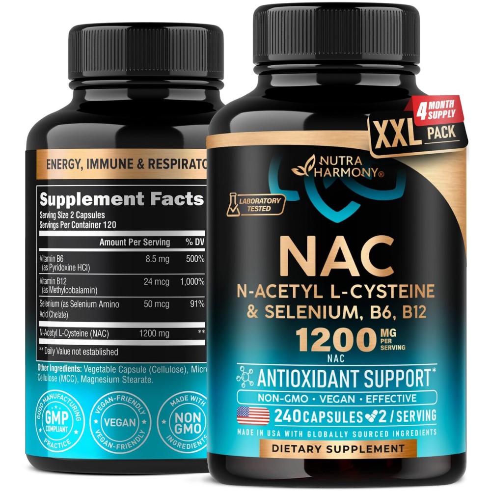 NAC Supplement | Selenium | B6 | B12 - Antioxidant, Immune Support - N Acetyl Cysteine 600 mg per Capsule, 1200 mg per Serving - Made in USA - Non-GMO, Gluten-Free, Vegan - 240 Caps, 4 Month Supply