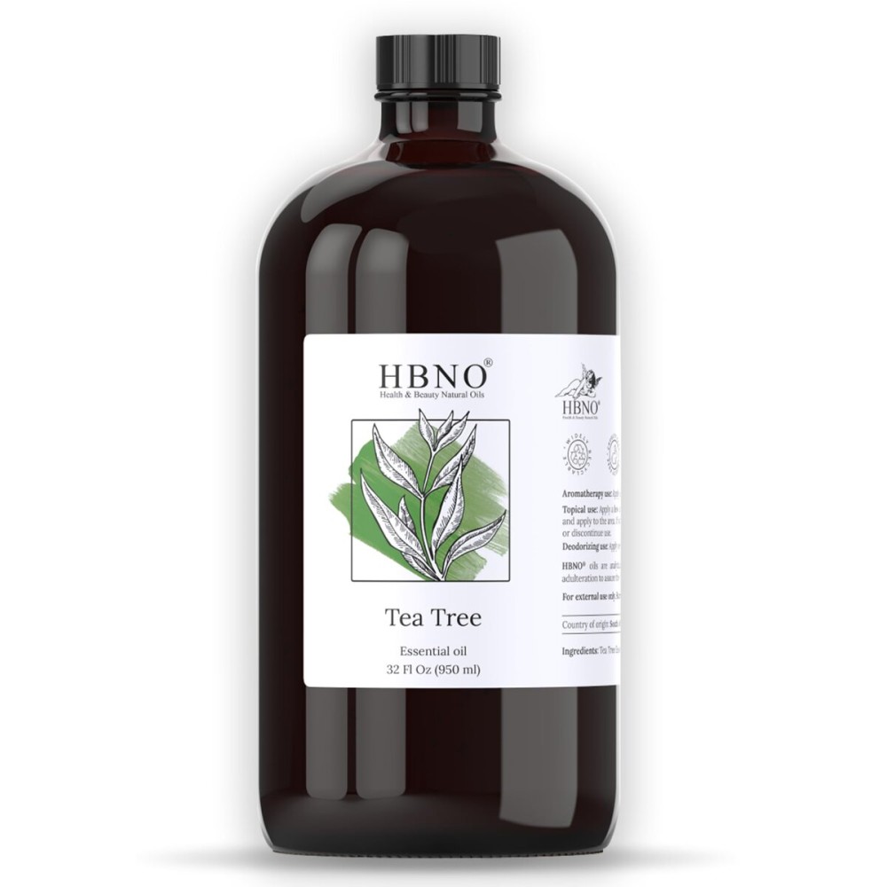 HBNO Tea Tree Oil - Huge 32 oz (950ml) Large Size - Ideal for Diffusers, Cleaning Agents, Deodorizers, and Flavoring Agents (Glass Bottle).