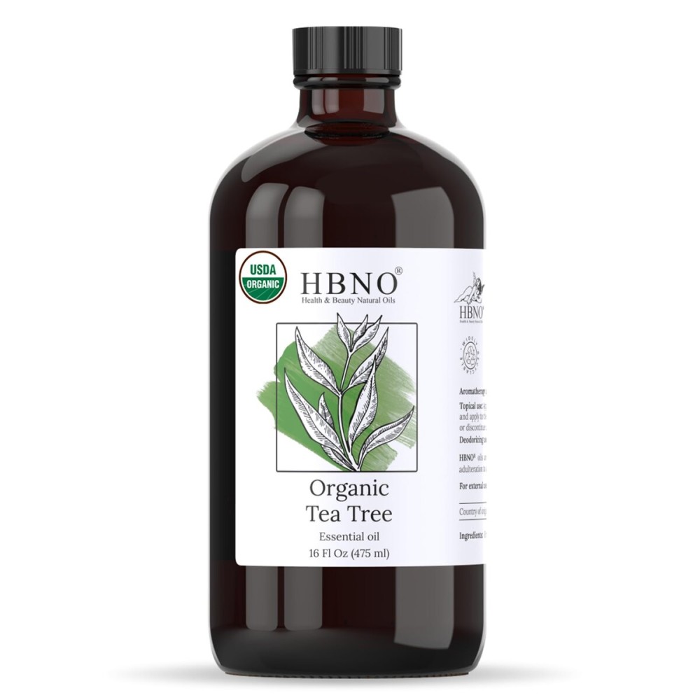 HBNO Organic Tea Tree Oil - Huge 16 oz (475ml) Large Size - Ideal for Diffusers, Cleaning Agents, Deodorizers, and Flavoring Agents.