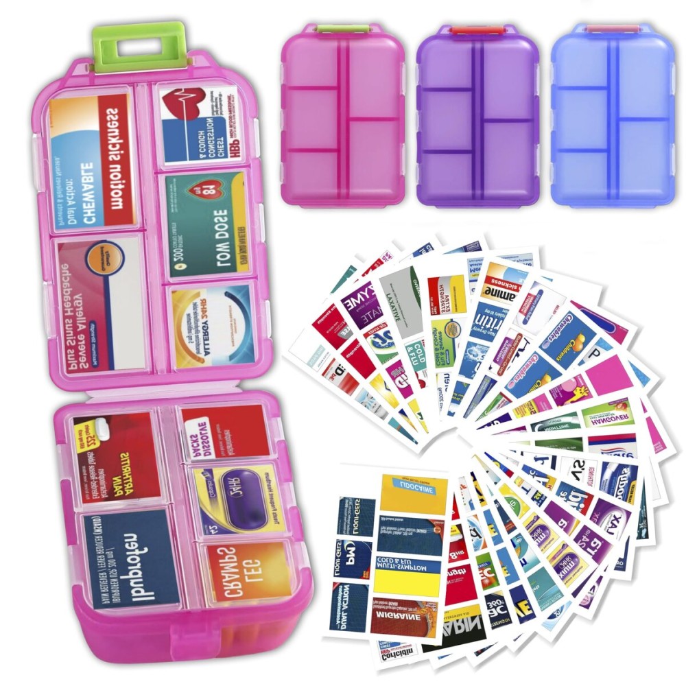 iouwei Large Pill Organizer with Medicine Labels, Travel Daily Pill Container, Mini Medication Organizer, 7-Day Pill Case, Set of 3 (Blue+Pink+Purple)