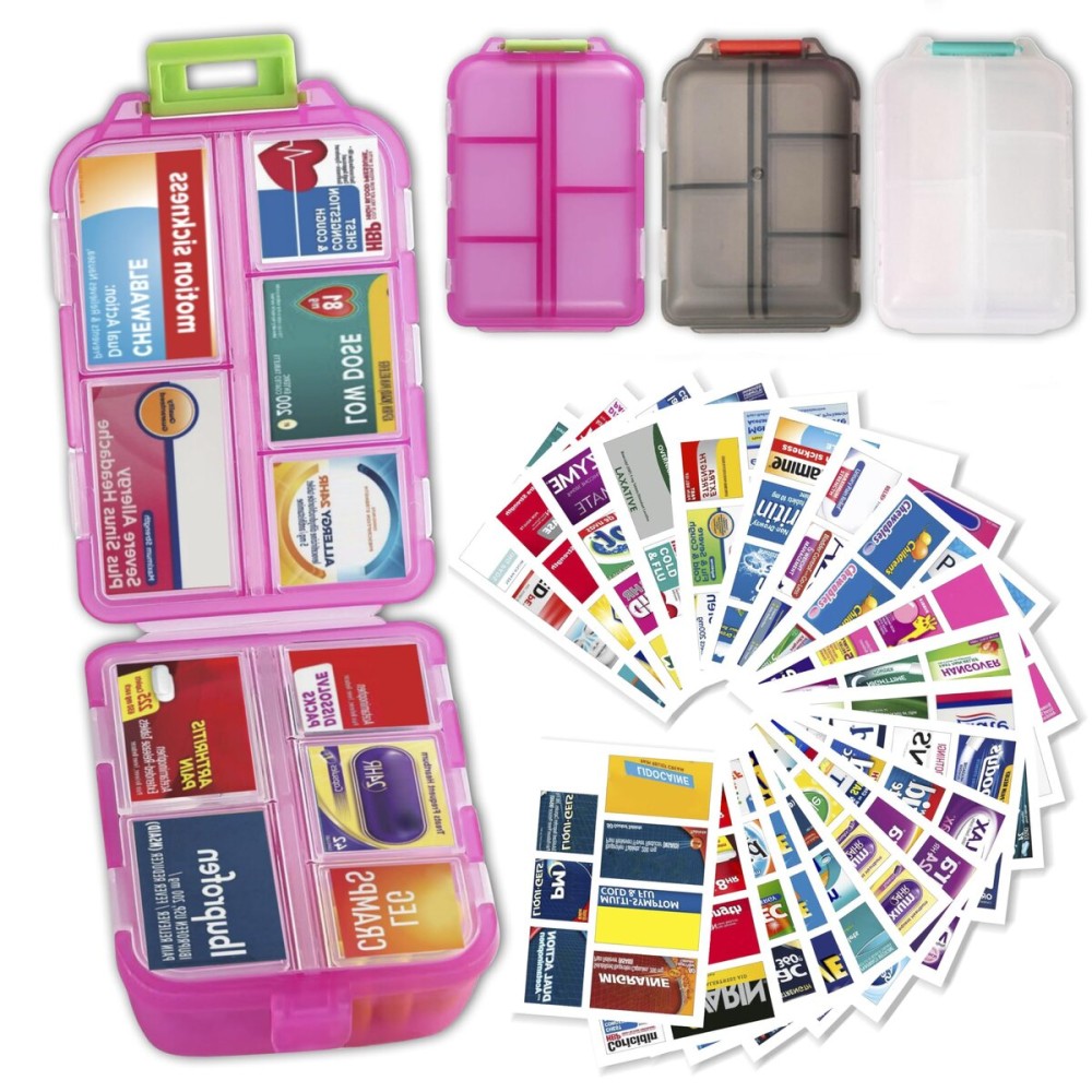 iouwei Large Pill Organizer with Medicine Labels, Travel Daily Pill Container, Mini Medication Organizer, 7-Day Pill Case, Set of 3 (Pink+White+Grey)