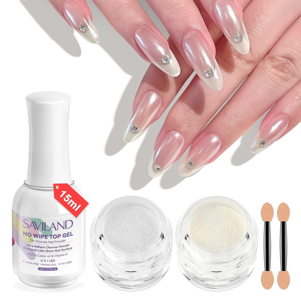 SAVILAND Chrome Nail Powder Kit: Metallic Mirror Effect White Pearl Chrome Powder Aurora Pearlescent Glazed Donut Nails with Non-Wipe Top Gel & Sponges for Nail Art Decoration Supply Home DIY